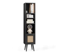 GIANTEX Armadio autoportante con anta in rattan, mobile a colonna con ripiano regolabile, libreria a piedi con dispositivo anti-ribaltamento, per soggiorno, sala studio (nero)