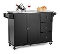 GIANTEX Carrello da cucina con piastra in acciaio inox, armadio da cucina con ruote, isola da cucina mobile con 3 cassetti e ripiani regolabili, carrello da portata in legno, carrello da cucina, 135 x