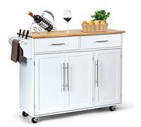 GIANTEX Carrello da Cucina in Legno, Credenza con Ruote, Armadietto Autoportante, Piano in Legno di Gomma, 2 Portaoggetti, 2 Cassetti, 3 Ante, 4 Ruote, per Sistemazione, Bianco, 122x46x92,3 cm