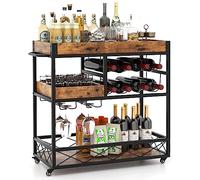 GIANTEX Carrello da Cucina, Scaffale da Cucina a 4 Ruote, Carrello da Portata a 3 Livelli, con 8 Scaffali e Porta Bicchieri da Vino per Cucina, Sala da Pranzo, Bar, 94 x 40 x 82 cm, Marrone
