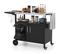 GIANTEX Carrello da portata per esterni, tavolo con piano di lavoro in acciaio inox e tavolo laterale pieghevole, carrello da cucina su ruote, tavolino con supporto per sacco della spazzatura