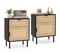 GIANTEX Confezione da 2 Comodini Moderni, Tavolino in Rattan con Cassetto e Armadietto, Gambe in Metallo Robusto, Tavolino di Metà Secolo per Soggiorno, Camera da Letto, Ufficio (Nero)