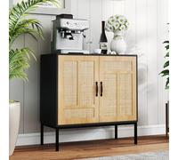GIANTEX Credenza a buffet da cucina con 2 ante decorate in rattan, mensola regolabile in 3 posizioni, kit antiribaltamento, 80 x 38 x 81 cm, mobile per sala da pranzo, soggiorno (nero)