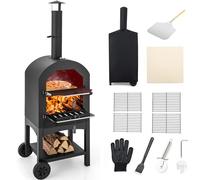 Giantex Forno per pizza all'aperto, a legna con copertura impermeabile, pietra per pizza e buccia, 2 strati in acciaio con ruote, per barbecue, campeggio, feste in cortile