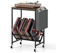 GIANTEX Mobile Porta Vinili con Ruote e Tasca Laterale, Mobile Porta Vinili per 200 Album CD, Struttura in Metallo, Supporto per Giradischi per Soggiorno, Sala Musica (Marrone)