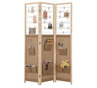 GIANTEX Paravento pieghevole a 3 pannelli. Separatore di privacy in legno con 8 tasche, 4 ganci e spago per appendere con 20 clip in bambù, 120 x 170 x 2 cm