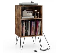 GIANTEX Scaffale per Giradischi a 3 Livelli, Stand per Giradischi Domestico con Stazione di Ricarica, Tavolo Porta Dischi in Vinile con Mensola e 4 Divisori, Scaffale Espositivo (Marrone)
