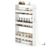 GIANTEX Scaffale per nicchia da 13 cm di larghezza, con base di ricarica, scaffale da cucina su ruote, carrello da cucina, carrello da bagno, carrello a rotelle in legno, 4 piani, scaffale sottile per