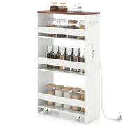 GIANTEX Scaffale per Nicchia da 20 cm di Larghezza, con Base di Ricarica, 4 Piani in Legno su Ruote, Scaffale Sottile per Cucina e Bagno, Carrello a Rotelle (Industriale+Bianco, Largo 20cm, con presa)