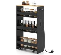 GIANTEX Scaffale per Nicchia da 20 cm di Larghezza, con Base di Ricarica, 4 Piani in Legno su Ruote, Scaffale Sottile per Cucina e Bagno, Carrello a Rotelle (Naturale+Nero, Largo 20cm, con presa)