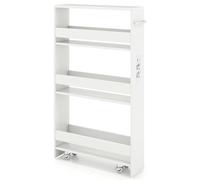 GIANTEX Scaffale per Nicchia da 20 cm di Larghezza, con Base di Ricarica, 4 Piani in Legno su Ruote, Scaffale Sottile per Cucina e Bagno, Carrello a Rotelle (Bianco+Bianco, Largo 13 cm, con presa)