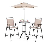 Giantex Set da bar per esterni, 4 pezzi, tavolo rotondo alto con 2 sedie pieghevoli e ombrellone, tavolo da bistrot con piano in vetro temperato, per giardino, veranda, piscina, beige