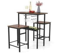 GIANTEX Set da pranzo 3 pezzi, tavolo bar con 2 sgabelli, portabottiglie, 2 portabicchieri da vino, poggiapiedi, tavolo da cucina industriale per soggiorno, cucina (marrone rustico)