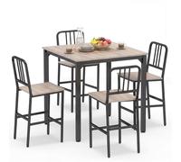 GIANTEX Set da Pranzo a 5 Pezzi, Tavolo da Bar e 4 Sgabelli con Schienale, Poggiapiedi, Struttura in Metallo e Piedini Regolabili, Set Tavolo Bar Salvaspazio per Soggiorno (Grigio)