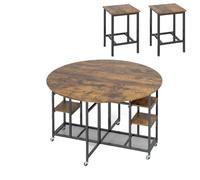 GIANTEX Set da pranzo, tavolo da pranzo pieghevole con 2 sgabelli, tavolo da cucina con ruote e portabottiglie e ripiani aperti, set per sala da pranzo, in metallo e legno, set da cucina, stile