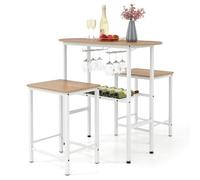 GIANTEX Set da sala da pranzo 3 pezzi, tavolo bar con 2 sgabelli, portabottiglie, 2 portabicchieri da vino, poggiapiedi, tavolo da cucina industriale per soggiorno, cucina (naturale)