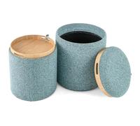 GIANTEX Set di 2 sgabelli con vano portaoggetti, sgabello rotondo con vassoio/coperchio reversibile, pouf imbottito in tessuto, poggiapiedi con maniglie laterali, sgabello multifunzione, blu cielo