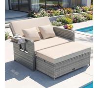 GIANTEX Set Divano da Esterno con Letto da Giorno 2 Pezzi, Divano a Due Posti in Rattan PE con Pouf Contenitore, Schienale Regolabile, Tavolini Laterali Richiudibili (Marrone)