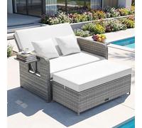 GIANTEX Set Divano da Esterno con Letto da Giorno 2 Pezzi, Divano a Due Posti in Rattan PE con Pouf Contenitore, Schienale Regolabile, Tavolini Laterali Richiudibili e Cuscini Morbidi (Bianco)