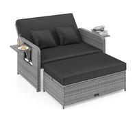 GIANTEX Set Divano da Esterno con Letto da Giorno 2 Pezzi, Divano a Due Posti in Rattan PE con Pouf Contenitore, Schienale Regolabile, Tavolini Laterali Richiudibili e Cuscini Morbidi (Nero)