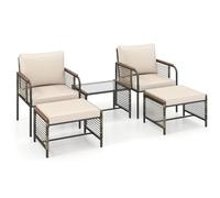 GIANTEX Set Salotto da Giardino Esterno 5 Pezzi con Cuscini, Mobili da Giardino in Rattan con 1 Tavolino in Vetro Temperato, 2 Sedie e 2 Ottomani, per Balcone, Terrazza, Patio (Beige)
