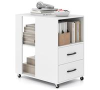 GIANTEX Tavolino Laterale Mobile con Stazione di Ricarica, Comodino con Cassetti, Ripiani e Ruote Bloccabili, Tavolino Moderno per Camera da Letto, Ufficio e Soggiorno, 60 x 40 x 65,5 cm (Bianco)