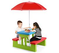 GIANTEX Tavolo da Picnic, Set di Tavolo e Sedie per Bambini con Parasole Pieghevole per Giardino/Terezzo/Parco, Bambini più di 3 Anni (Verde + Rosso + Blu)