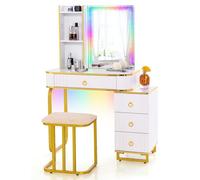 GIANTEX Tavolo da toeletta con sgabello, tavolo cosmetico con specchio, strisce LED RGB, bordo a specchio a diamante, 7 modalità LED statiche e 7 modalità dinamiche, tavolo da toeletta con stazione di