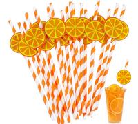 Giantree 50 cannucce di carta usa e getta a righe di limone, cannucce di carta decorative a tema frutta carine per feste autunnali, matrimoni, baby shower, feste di compleanno (limone)