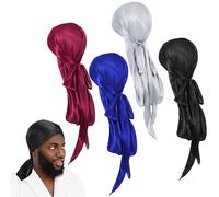 Giantree Durags - 4 cappucci Durags setosi per uomo e donna, in tessuto Durags di alta qualità, con coda lunga e cinghie larghe, traspiranti, per uomini e donne, per tutti i tipi di capelli (nero