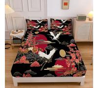 Giappone Animali Lenzuolo con Angoli, Motivo Gru Fiori Ciliegio Nuvole, Morbido Tessuto Decorativo da Letto Tasca Elastica a Tutto Tondo Coprimaterasso Lenzuola King size 180x200x30cm Nero