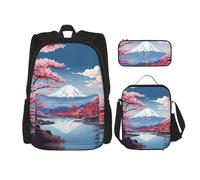 Giappone Monte Fuji Paesaggio Zaini Studio Zaini con Lunch Box Astuccio Astuccio Tela Borsa da Viaggio per Studente Elementare, Nero , Taglia unica, Set di zaini per la scuola