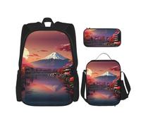 Giappone Monte Fuji Paesaggio Zaini Studio Zaini con Lunch Box Astuccio Astuccio Tela Borsa da Viaggio per Studente Elementare, Nero , Taglia unica, Set di zaini per la scuola