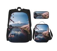 Giappone Monte Fuji Paesaggio Zaini Studio Zaini con Lunch Box Astuccio Astuccio Tela Borsa da Viaggio per Studente Elementare, Nero , Taglia unica, Set di zaini per la scuola