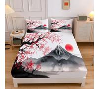 Giappone Piante Lenzuolo con Angoli, Motivo Monte Fuji Fiori Ciliegio, Morbido Tessuto Decorativo da Letto Tasca Elastica a Tutto Tondo Coprimaterasso Lenzuola King size 180x200x30cm Nero