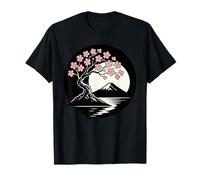 Giapponese Bonsai Fiore Fiori Albero Silhouette Mt Fuji Maglietta