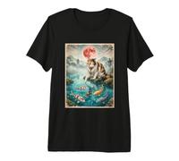 Giapponese Calico Cat Toccando Colorful Koi Pesce Stagno Luna Rossa Maglietta Premium