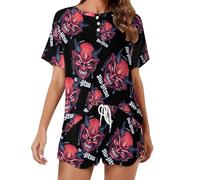 Giapponese Demon Oni Mask Kabuki Jiu-jitsu Donne Pigiama Set Manica Corta Camicia E Pantaloncini 2 Pezzi Loungewear Sleepwear, Stile:, 5XL