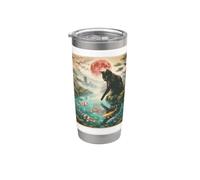 Giapponese Gatto Nero Toccando Koi Pesce Vintage Luna Sakura Bicchiere termico in acciaio inox doppia parete