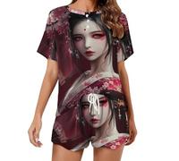 Giapponese Geisha Set Pigiama Da Donna Camicia A Maniche Corte E Pantaloncini 2 Pezzi Loungewear Sleepwear, Stile:, 5XL