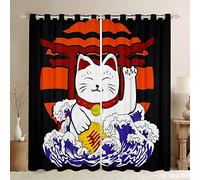 Giapponese Lucky Cat Tenda per camera da letto Soggiorno Hokusai Onda Tende Finestra Esotico Rosso Torii Porta Sole Oscuramento Tende Stile Giapponese Trattamenti Finestra W46* L72
