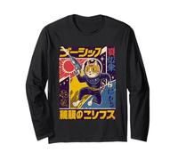 Giapponese minimalista anni '50 Retro Space Cat Good Luck Kanji Maglia a Manica