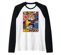 Giapponese minimalista anni '50 Retro Space Cat Good Luck Kanji Maglia con Maniche Raglan