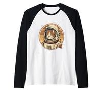 Giapponese minimalista anni '50 Retro Space Cat Good Luck Kanji Maglia con Maniche Raglan