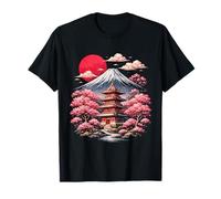 Giapponese Monte Fuji Pagoda Cherry Blossom Red Moon Estetica Maglietta