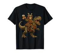Giapponese Samurai Cat Equitazione T Rex Birra Divertente Anime Dinosauro Maglietta