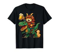 Giapponese Samurai Cat Equitazione T Rex Birra Divertente Anime Dinosauro Maglietta