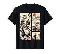 Giapponese Samurai Gatto Guerriero Comico Ukiyo-e Katana Tempio Arte Maglietta