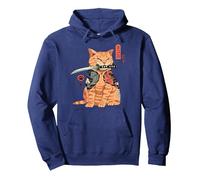 Giapponese Samurai Ninja Cat Kawaii Tattoo Graphic Felpa con Cappuccio, Unisex per Adulti, Navy, S