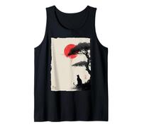 Giapponese Sumi-e Art Cat Silhouette e Rosso-Sole Canotta